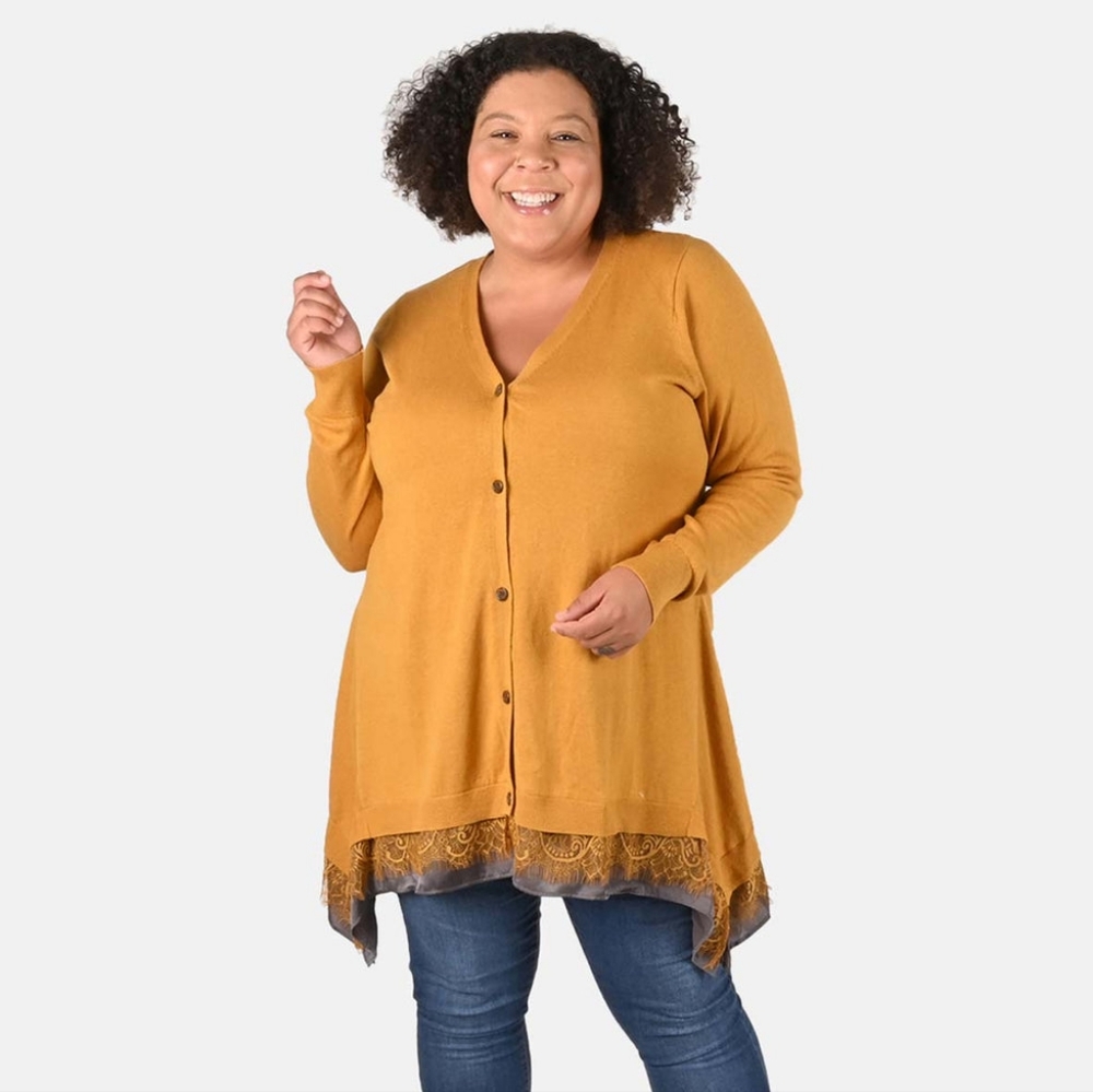 NEW LOGO by Lori Goldstein Yellow Cashmere Blend Lace Cardigan Size Large